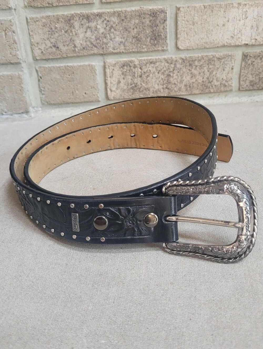 Ariat Black Studded Leather Western Belt Silver Ornate Buckle Women's